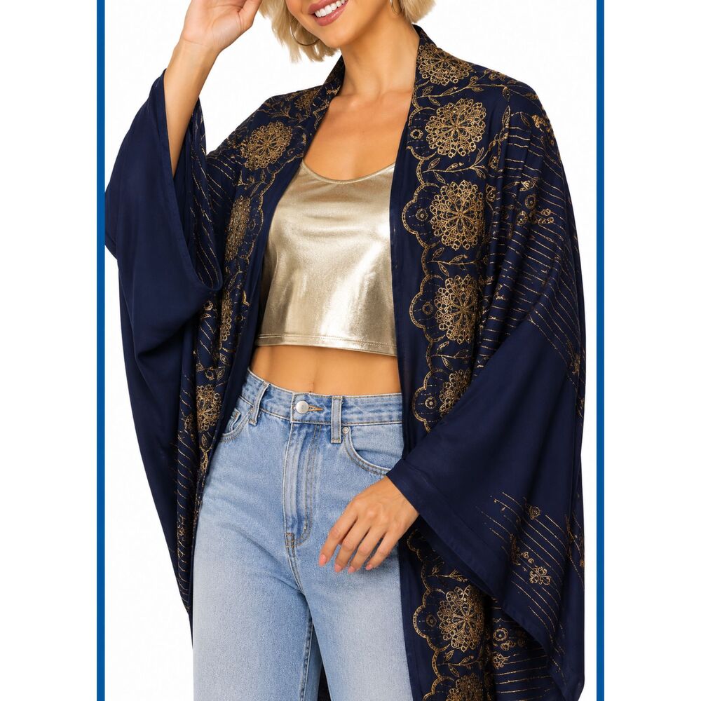 NEW Gigio M 8 10 Navy Blue Taupe Embroidered Eyelet Detail Rayon Cocoon Jacket - Picture 6 of 8